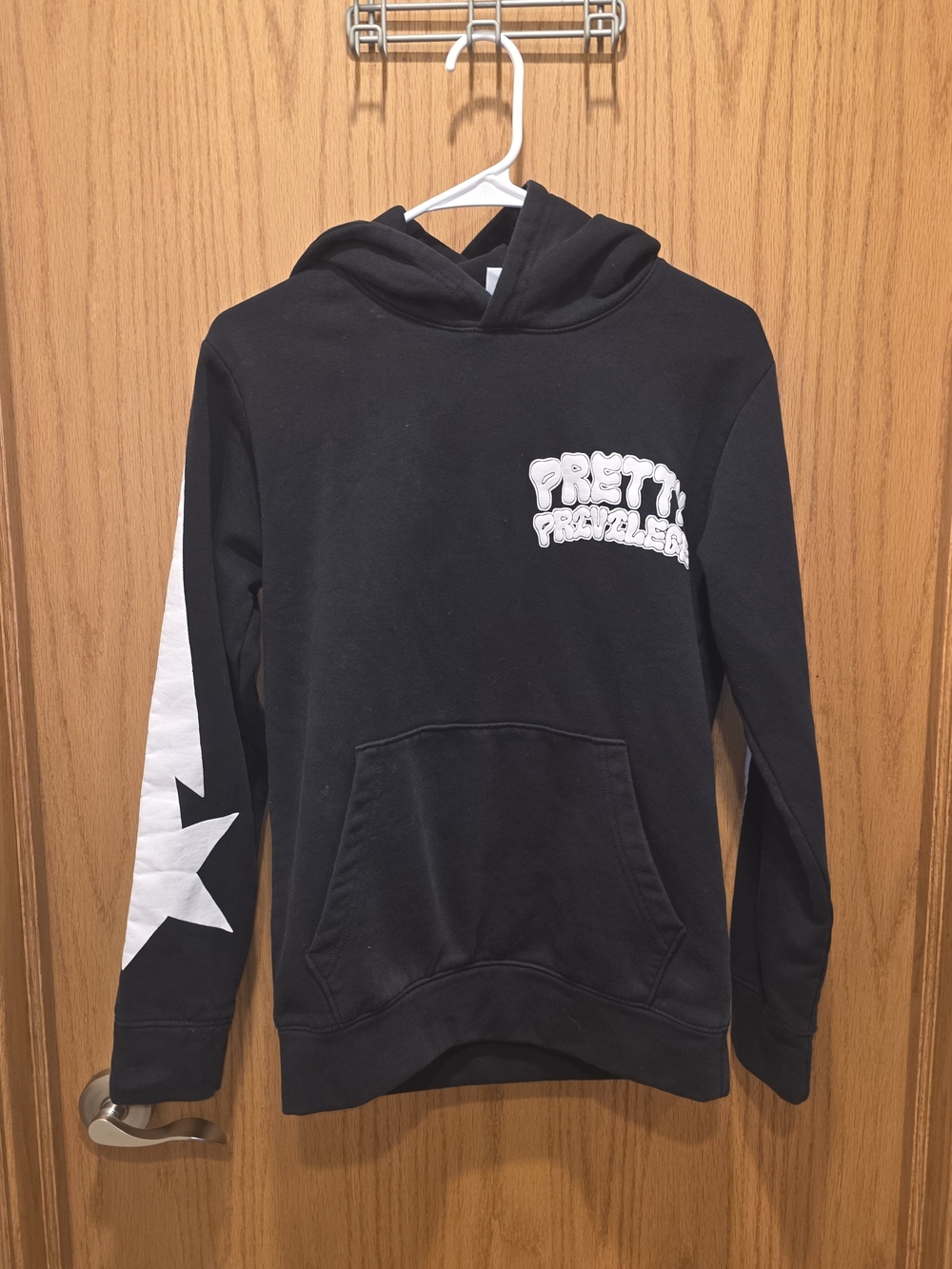 Pretty Privilege Black Hoodie with White Sleeve Star Graphic